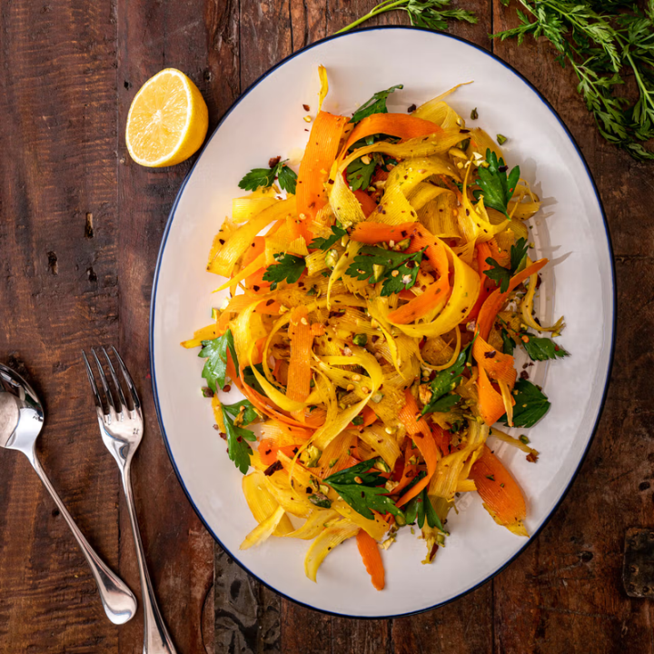 Colorful vegetable salad on a white plate with lemon wedge and utensils on a wooden surface