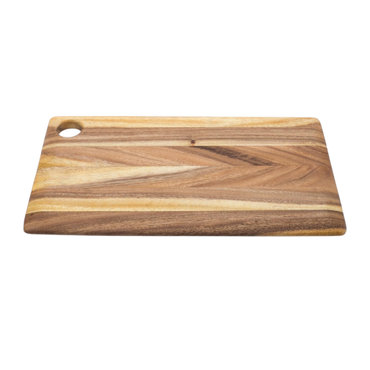 Serve your guests a scrumptious cheese platter with panache using this charmed acacia hardwood paddle. It's small rectangular design and divinely rich hues make it both aesthetically pleasing and ultra-functional. Featuring a top corner hole lets you show off your showstopper by hanging it when not in use. Indulge in all your favorite finger-foods: cheeses, cured meats, olives, dried fruits, nuts and crackers - plus it can even accommodate small pizzas, flatbreads, burgers and sandwiches!