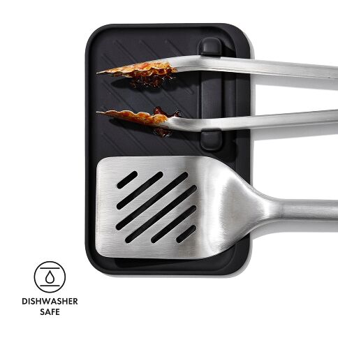 Elevate your grilling experience with the OXO Good Grips 3-Piece Grilling Tool Set, essential for grillers of all skill levels. This thoughtfully designed collection includes scalloped-edge Tongs with an integrated bottle opener for convenient refreshments, a Turner with a double-bend design for superior leverage when flipping heavy foods, and an innovative Tool Rest that provides a heat-resistant surface with a specialized tong holder for one-handed operation. 