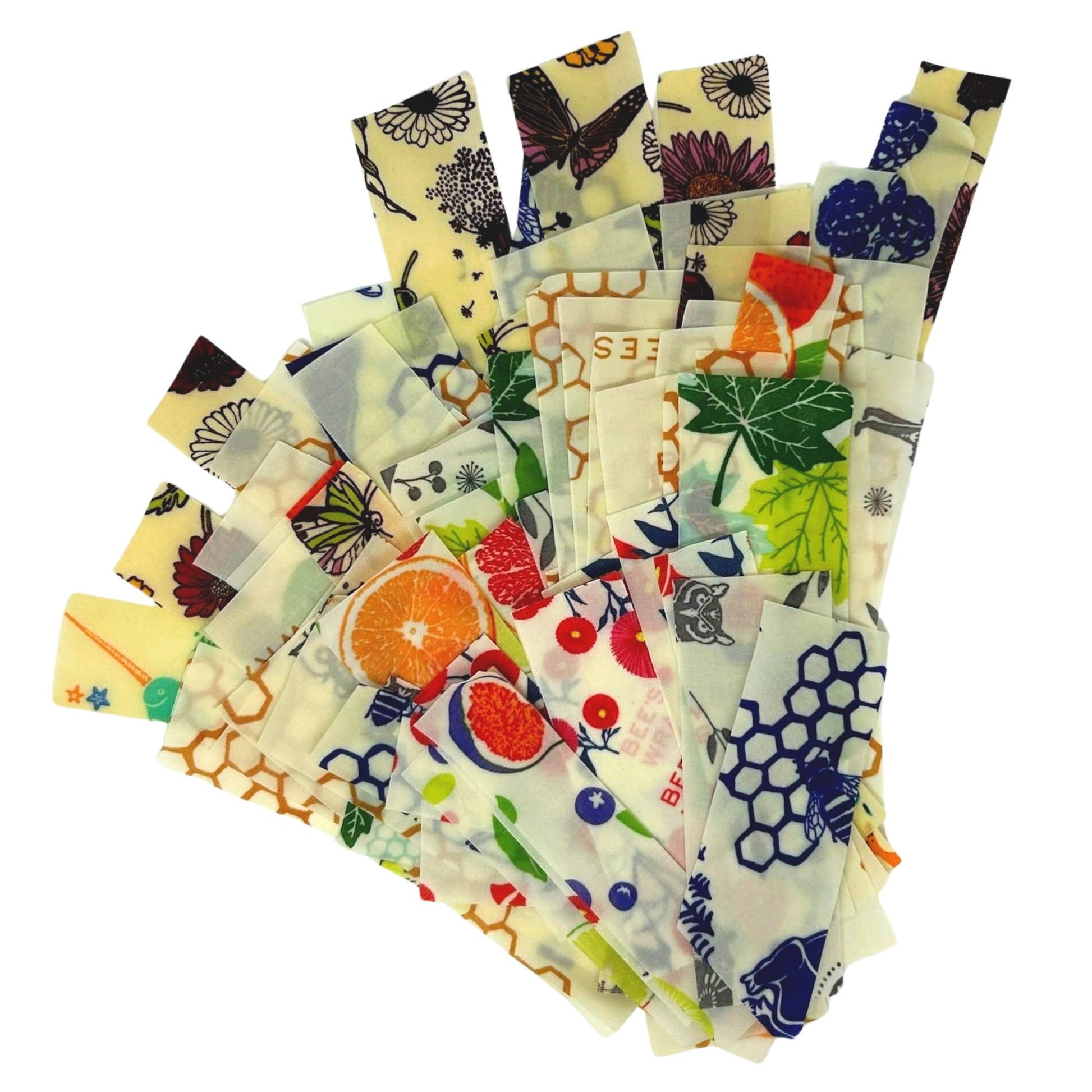 Collection of colorful fabric squares with various patterns on a white background