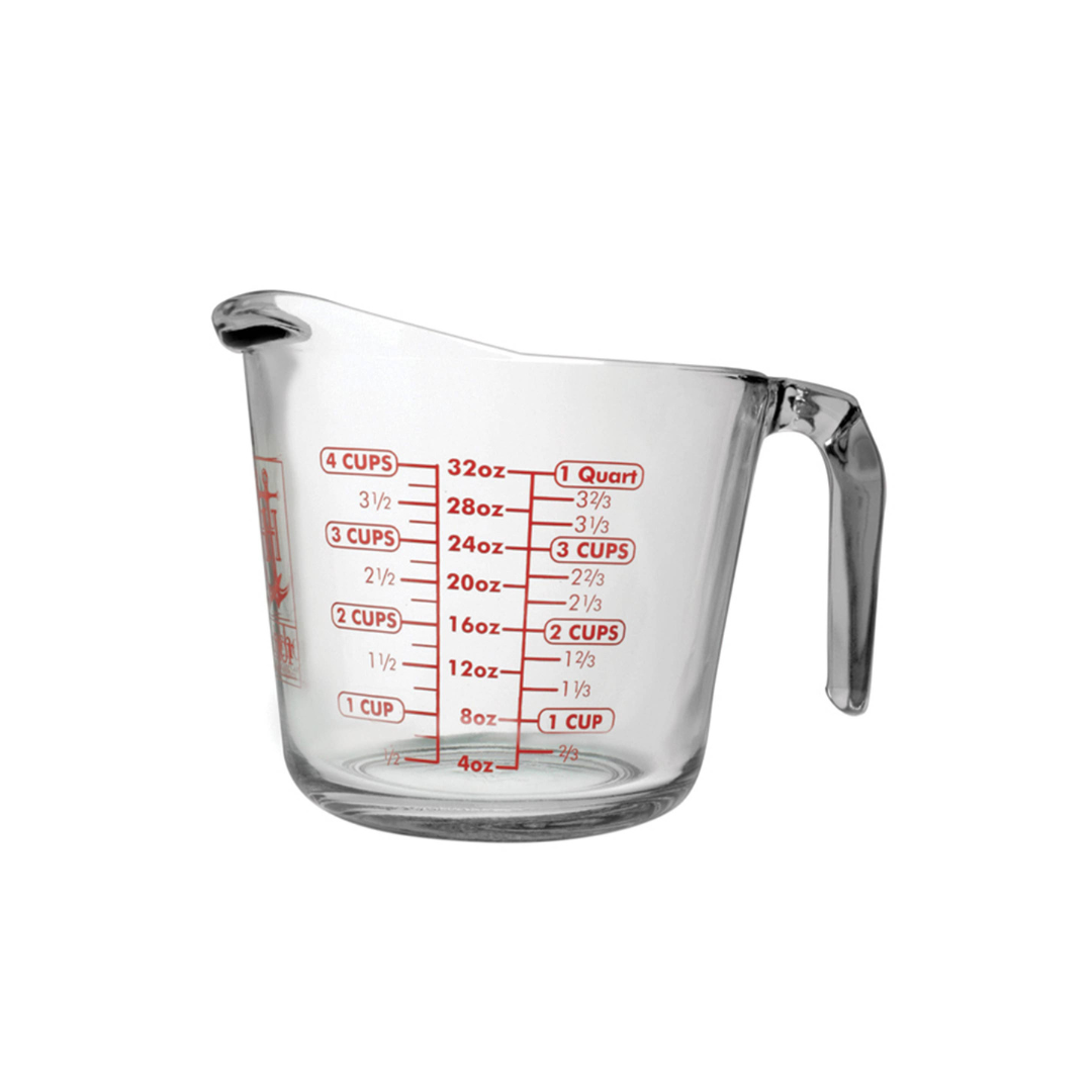 he fire-king 4 Cup measuring cup from anchor hocking is constructed of clear, durable, heat-resistant glass which is microwave, oven and dishwasher safe. The sturdy measuring cup features an easy-to-read, red measuring guide for precise liquid measurements when cooking and baking. Proudly made in the USA.