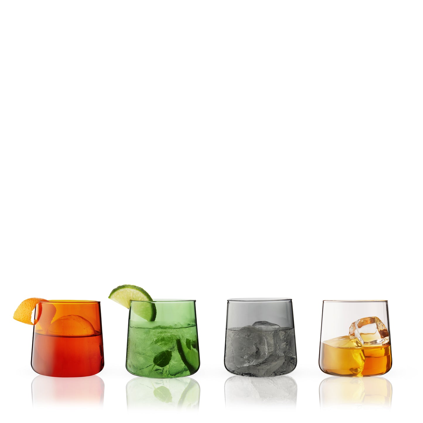 Handcrafted from durable glass and tinted with natural minerals, this set of multicolored cocktail glasses in muted jewel tones brings a pop of color to your glassware collection. Suitable for cocktails, wine, or iced coffee, each stemless wine glass holds 10.5 oz. and is dishwasher safe.  Handmade from sturdy borosilicate glass, these high quality colored wine glasses are dishwasher safe and made to last. The modern, slightly tapered shape keeps the focus on the curated color selection.