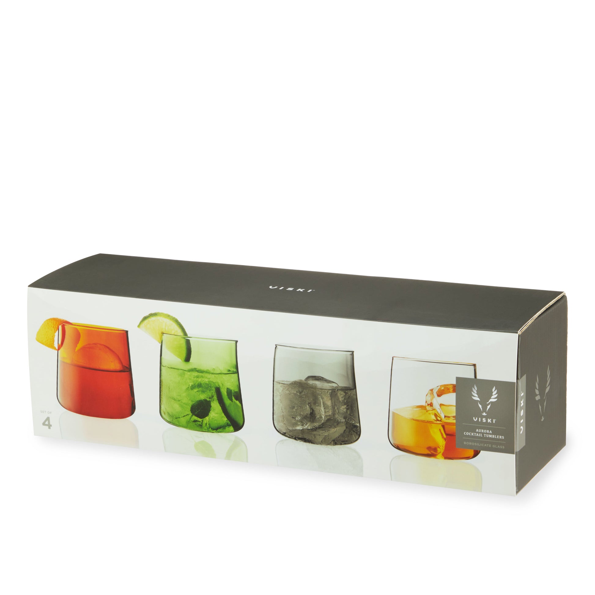 Handcrafted from durable glass and tinted with natural minerals, this set of multicolored cocktail glasses in muted jewel tones brings a pop of color to your glassware collection. Suitable for cocktails, wine, or iced coffee, each stemless wine glass holds 10.5 oz. and is dishwasher safe.  Handmade from sturdy borosilicate glass, these high quality colored wine glasses are dishwasher safe and made to last. The modern, slightly tapered shape keeps the focus on the curated color selection.