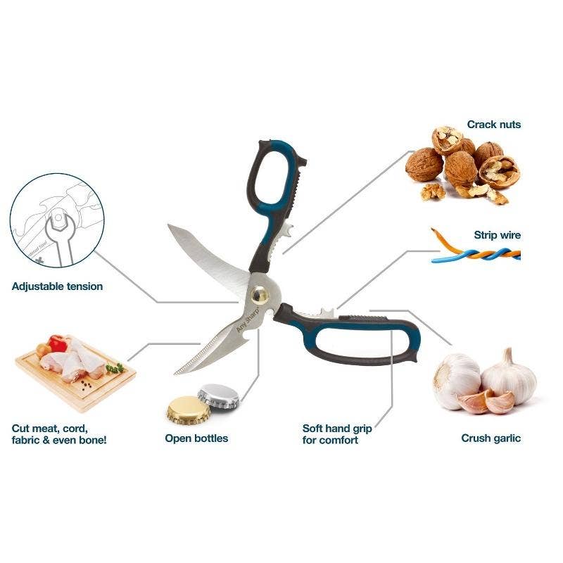 Multifunctional scissors with various uses on a white background