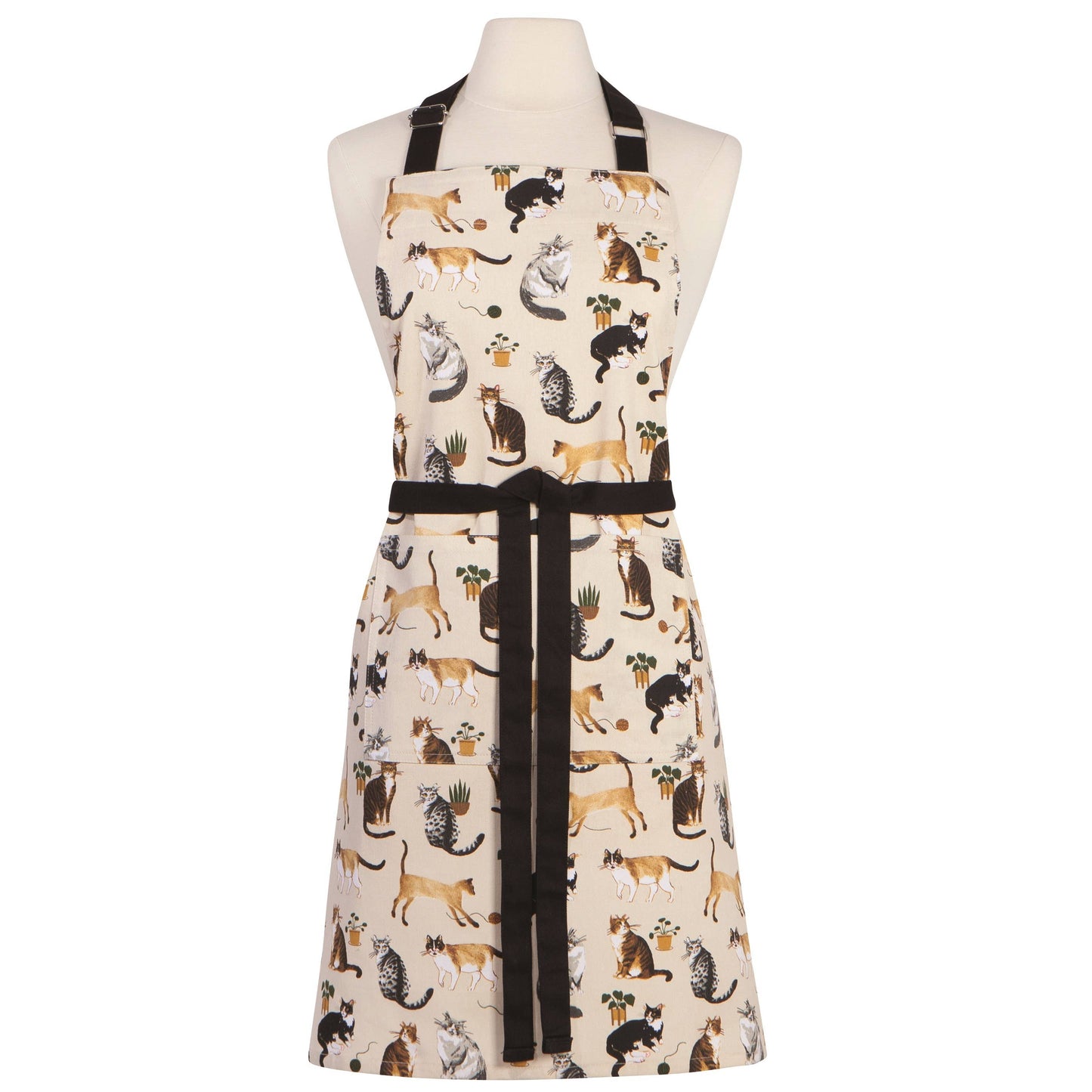 A cream-colored kitchen apron with a black waist tie and neck strap, featuring an all-over print of various cat illustrations in black, brown, and gray. The apron is displayed on a white mannequin torso against a plain white background.