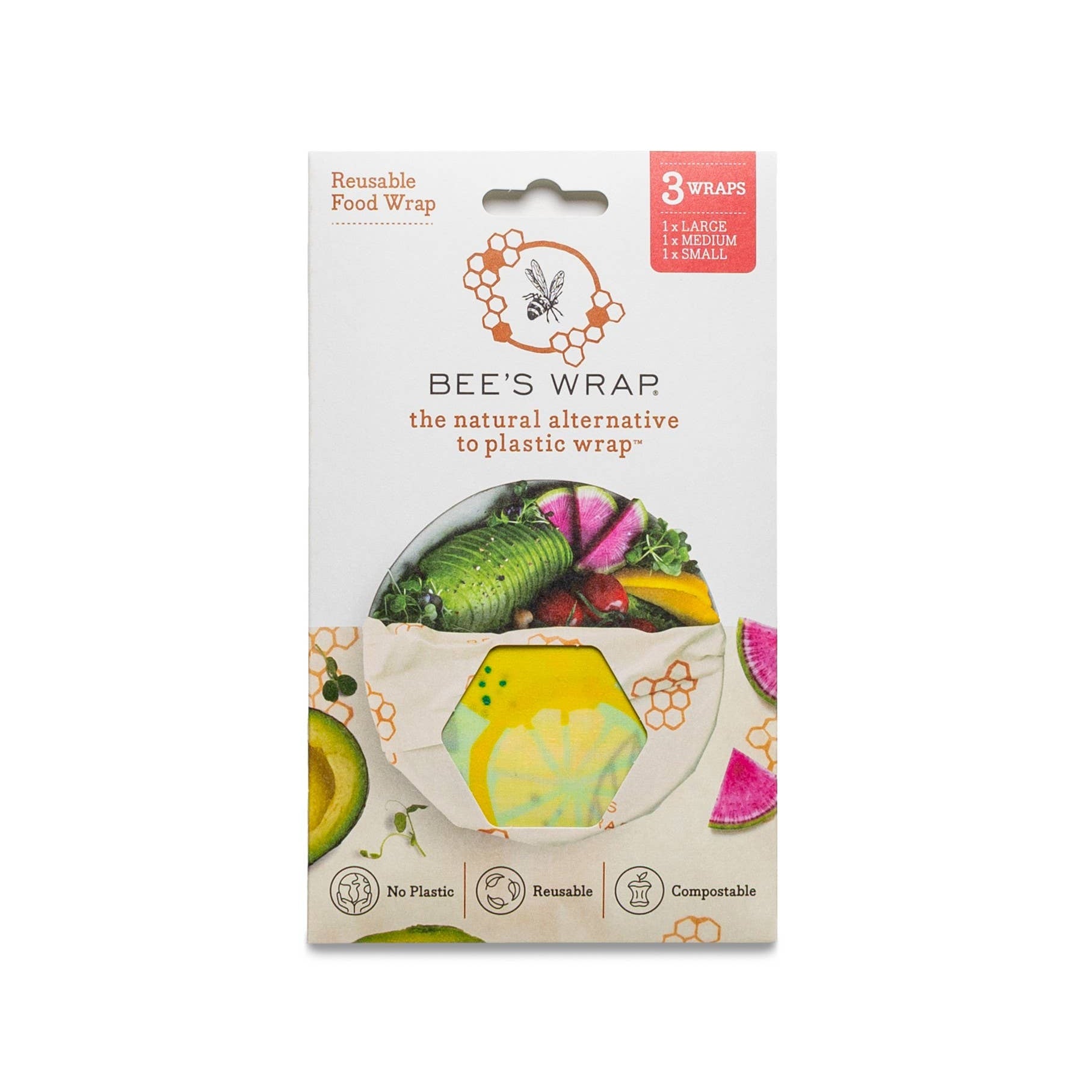 Bee's Wrap packaging with illustrations of fruits and vegetables on a white background