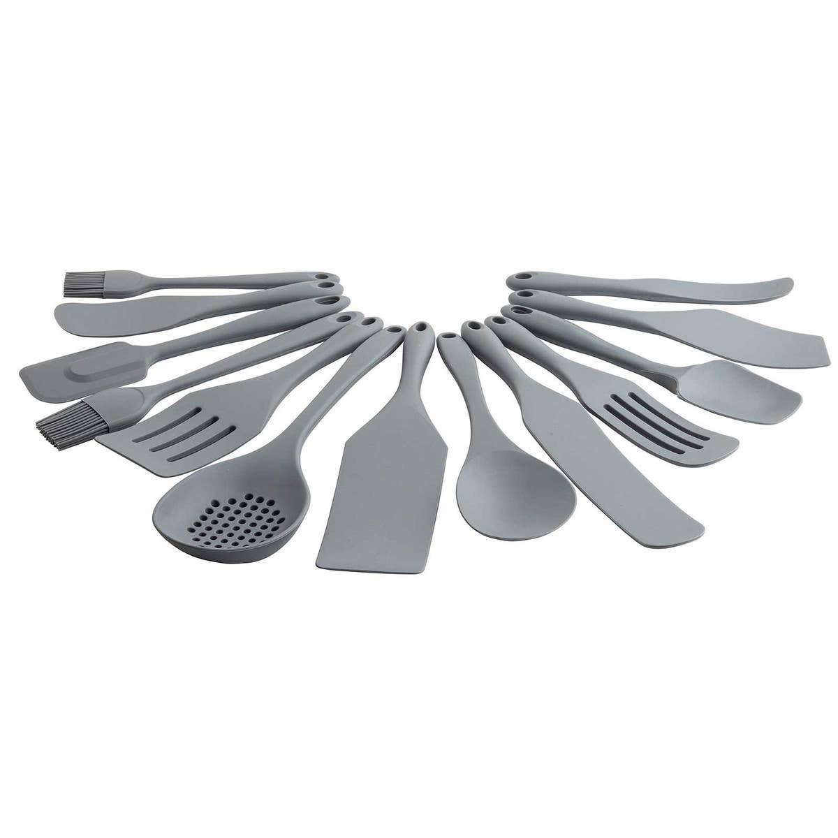 Set of gray kitchen utensils on a white background