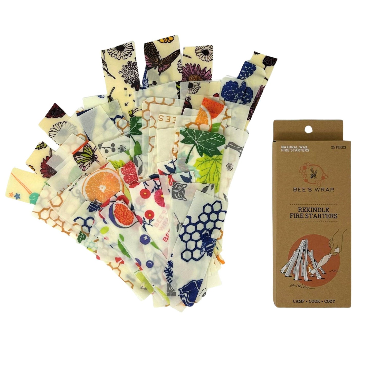 Set of colorful beeswax wraps with a box labeled 'Bee's Wrap' on a white background