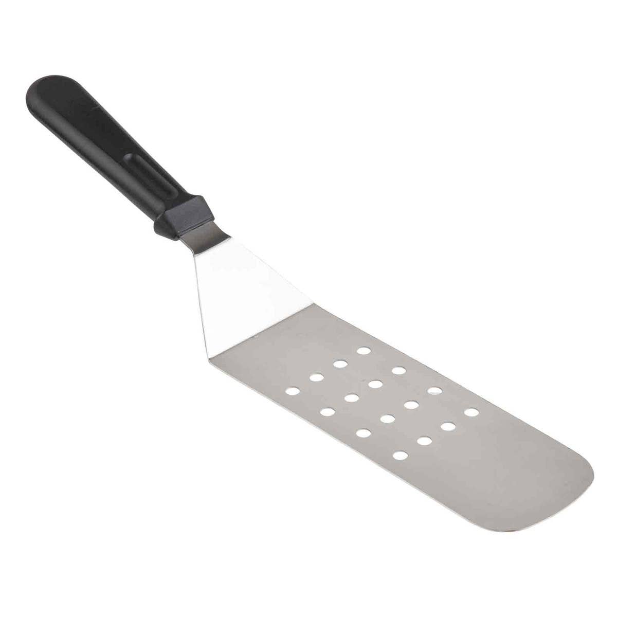 Metal pancake turner with black handle on a white background