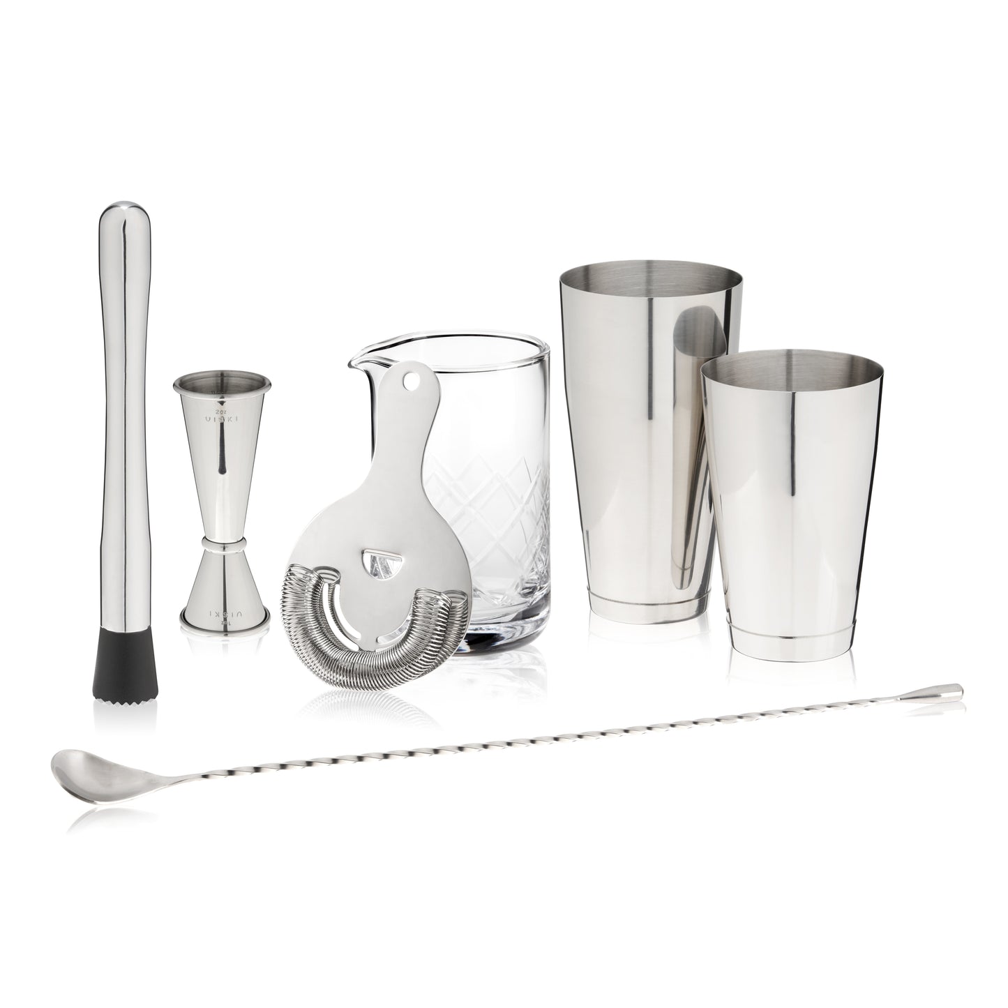 All metal tools are crafted with stainless steel, creating a sleek and cohesive professional look. A solid crystal mixing glass rounds out the selection. This set has everything the aspiring mixologist needs to peel citrus, measure liquor, shake, stir, and strain drinks. You’ll have every tool for whipping up shaken classics like Mai Tais or Cosmopolitans, or stirred drinks such as the iconic Manhattan or Negroni.