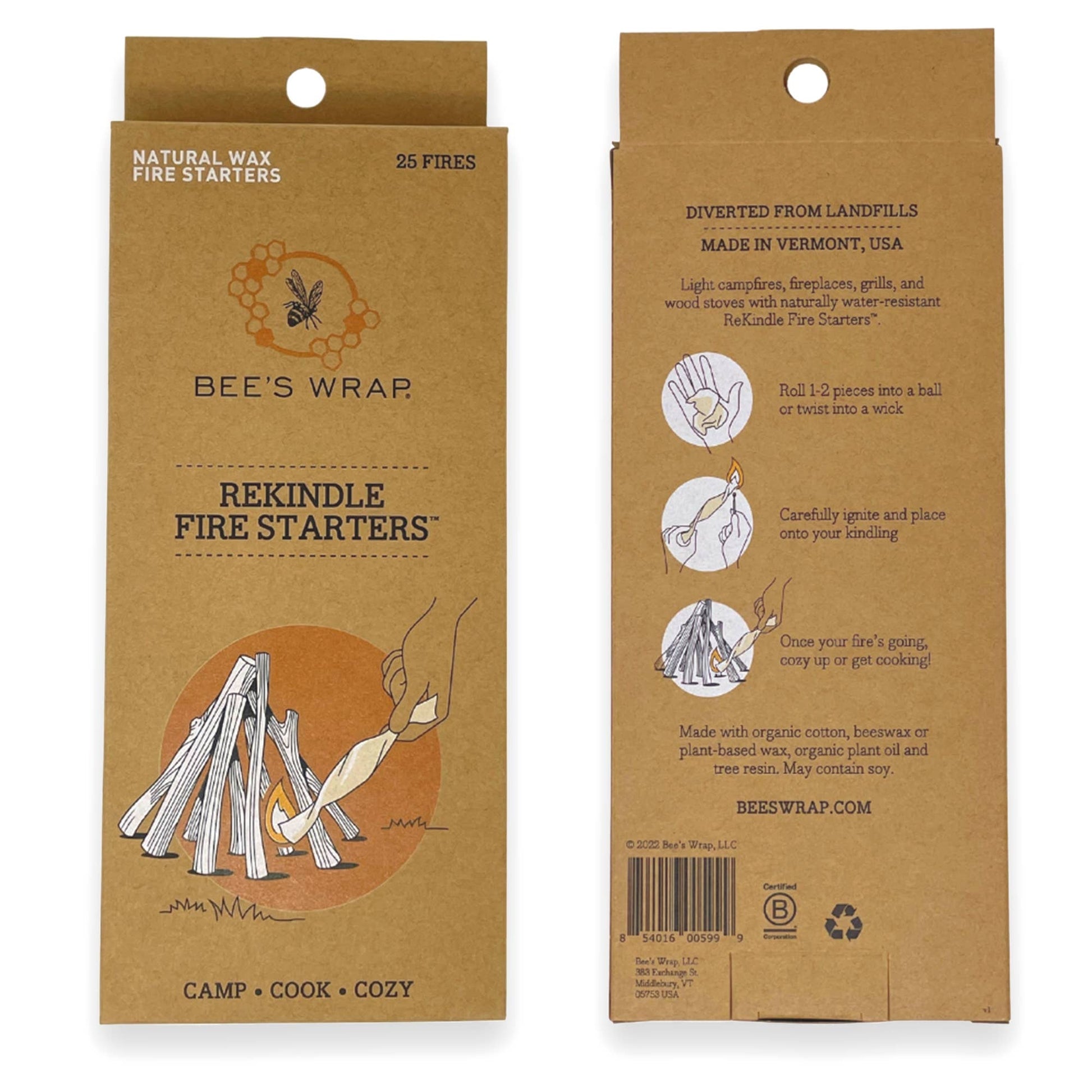 Bee's Wrap Rekindle Fire Starters packaging on a white background