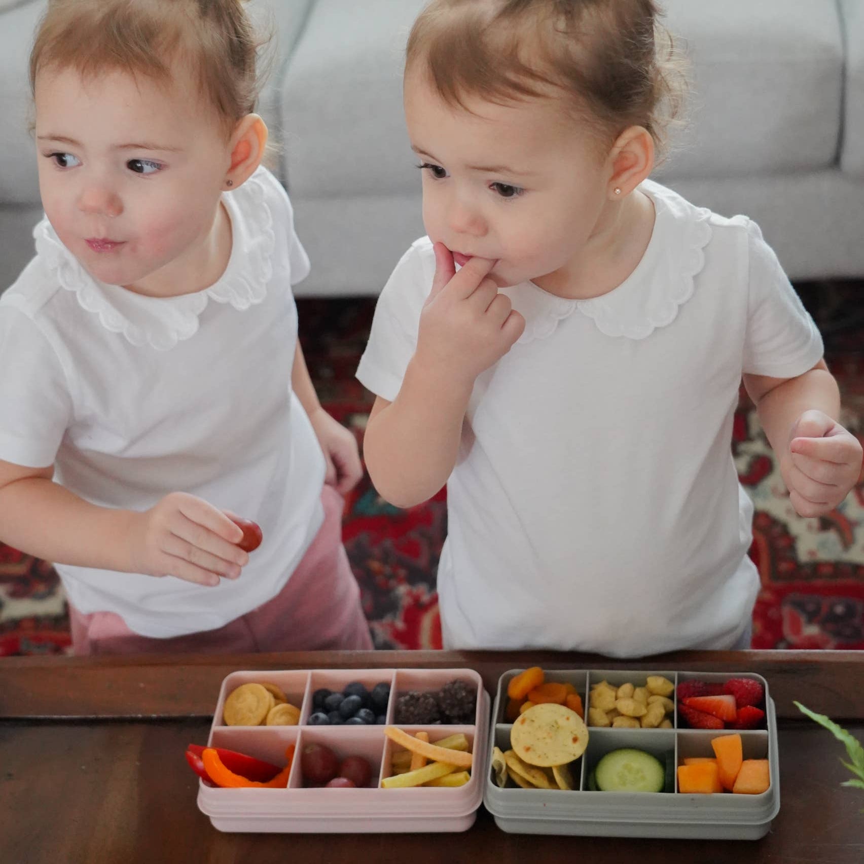 Children are sitting at a table with six-compartment food containers.