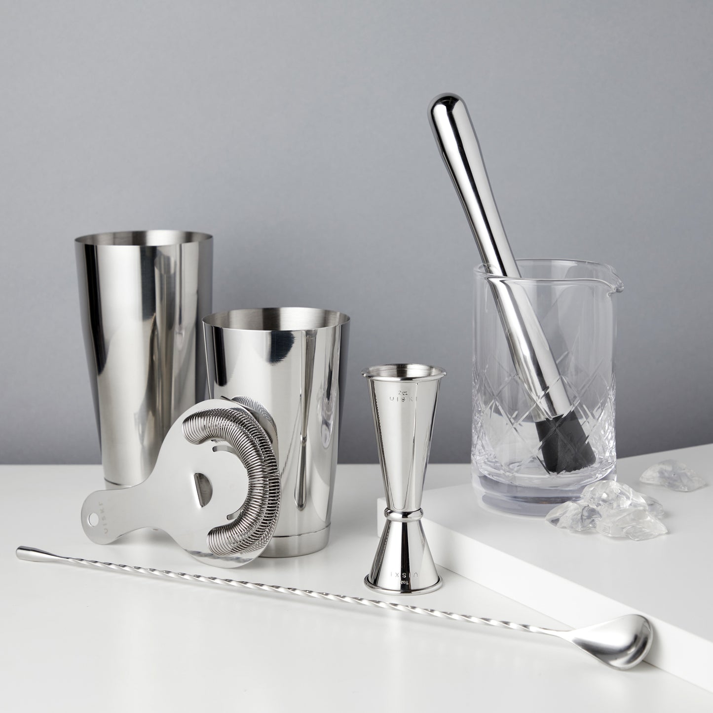 All metal tools are crafted with stainless steel, creating a sleek and cohesive professional look. A solid crystal mixing glass rounds out the selection. This set has everything the aspiring mixologist needs to peel citrus, measure liquor, shake, stir, and strain drinks. You’ll have every tool for whipping up shaken classics like Mai Tais or Cosmopolitans, or stirred drinks such as the iconic Manhattan or Negroni.