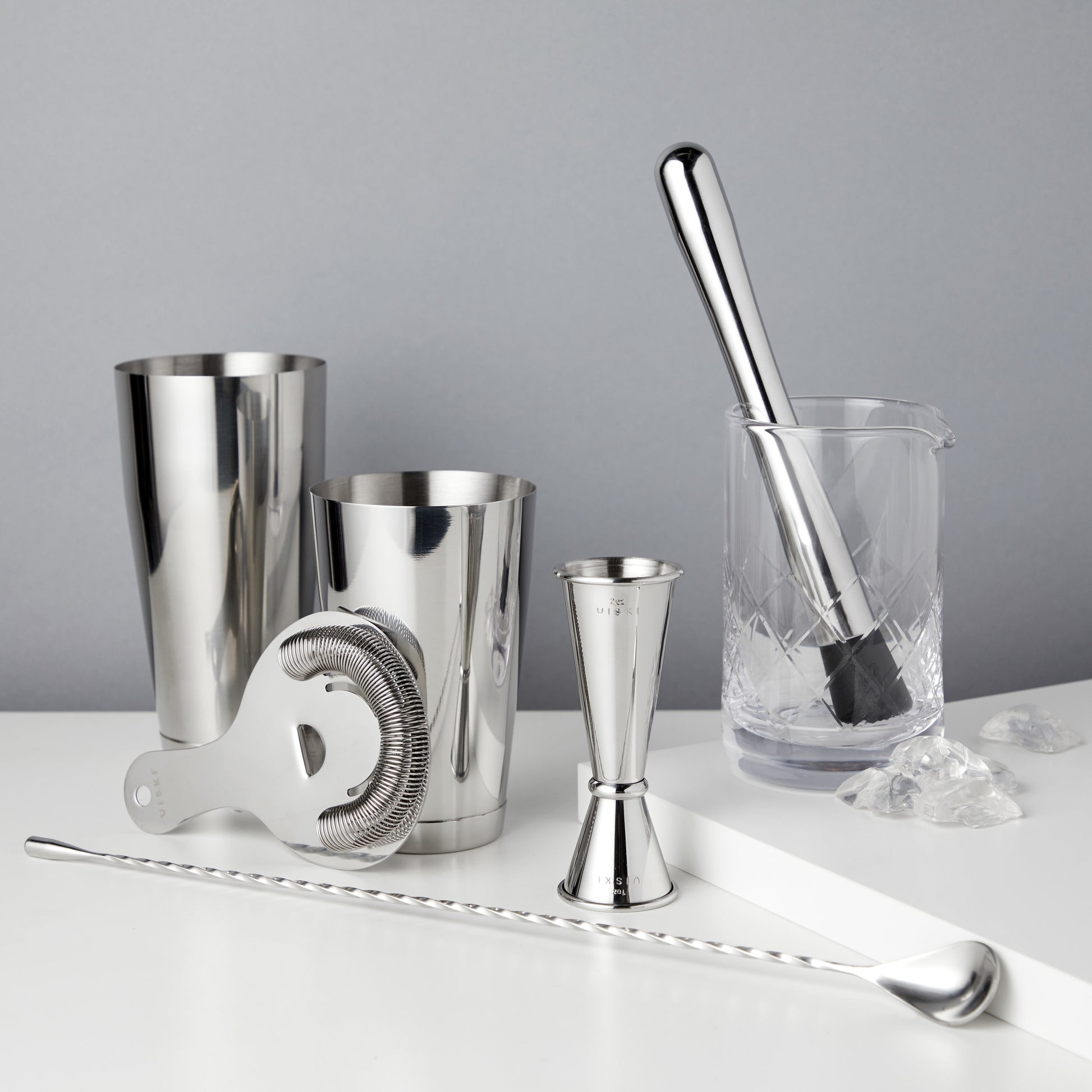 All metal tools are crafted with stainless steel, creating a sleek and cohesive professional look. A solid crystal mixing glass rounds out the selection. This set has everything the aspiring mixologist needs to peel citrus, measure liquor, shake, stir, and strain drinks. You’ll have every tool for whipping up shaken classics like Mai Tais or Cosmopolitans, or stirred drinks such as the iconic Manhattan or Negroni.