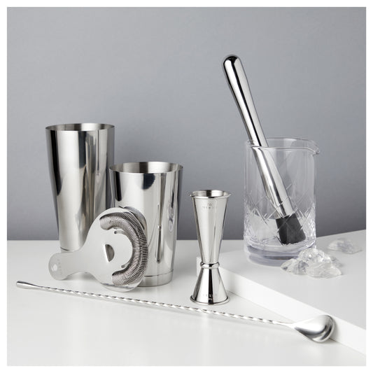 All metal tools are crafted with stainless steel, creating a sleek and cohesive professional look. A solid crystal mixing glass rounds out the selection. This set has everything the aspiring mixologist needs to peel citrus, measure liquor, shake, stir, and strain drinks. You’ll have every tool for whipping up shaken classics like Mai Tais or Cosmopolitans, or stirred drinks such as the iconic Manhattan or Negroni.