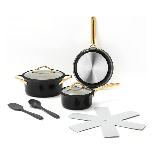 This 8 piece Phantom Chef cookware set is a sleek and stylish ensemble for your home kitchen. The collection features a go-to frypan, sauce and casserole, plus two cooking utensils to stir, flip and serve your yummy culinary creations. It also includes a trivet for a safe and steady base for your pots and pans, defending your countertops. For a luxurious cooking upgrade, the Luxe Phantom Chef Cookware Set is ideal for both experienced chefs and beginners alike.