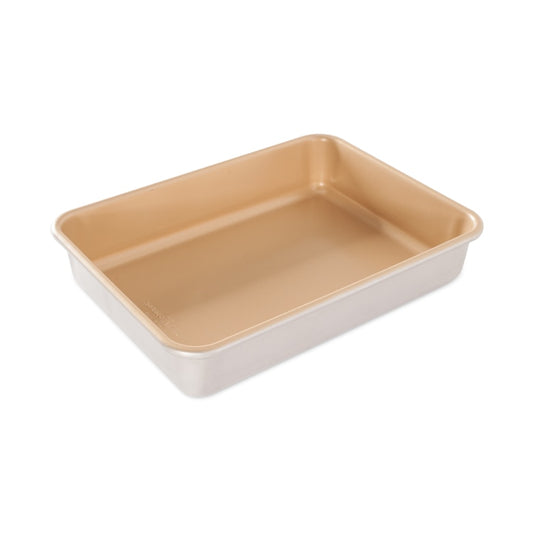 A necessity for any chef's kitchen, this Rectangular Cake Pan provides the ultimate in cake baking perfection. Made with nonstick aluminum, this 9" x 13" pan provides an even baking surface and extremely easy cleanup. Proudly made in the USA. No more scraping pans or trying to pry cakes out of corners. And with the American-made quality, you can feel good about baking with pride. Plus, it's so simple to use, even a muggle could make a magical cake!