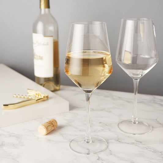 Ideal for rich or crisp white wine, these stemmed wine glasses are crafted from a lead-free crystal glass. This glass offers the most-elegant drinkware experience available. Modern and classy, these glasses are sleek with precise angles. They are perfect for any occasion or the finest of dinner parties. The well-crafted construction results in a pair of wine glasses that will stand the test of time.