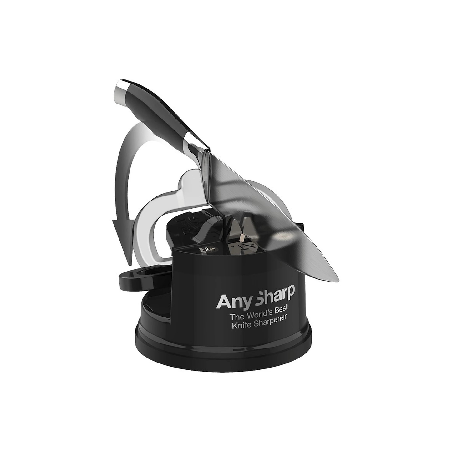 Black knife sharpener with a knife inserted on a white background, featuring the 'AnySharp' brand.