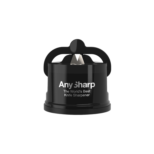 Black knife sharpener with 'Any Sharp' branding on a white background