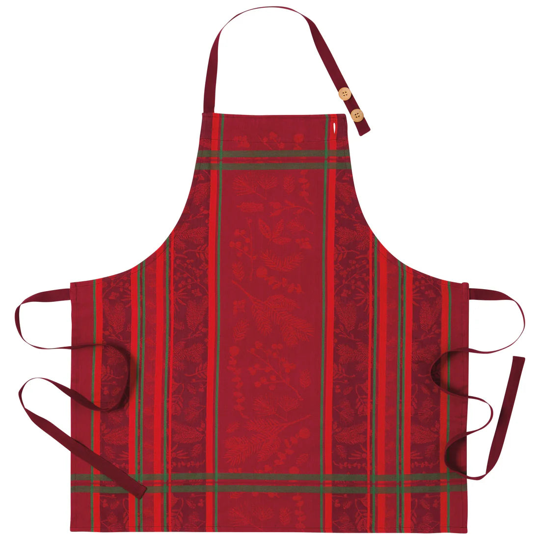 Red apron with green plaid pattern on a white background