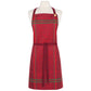 Red apron with green accents on a mannequin against a white background