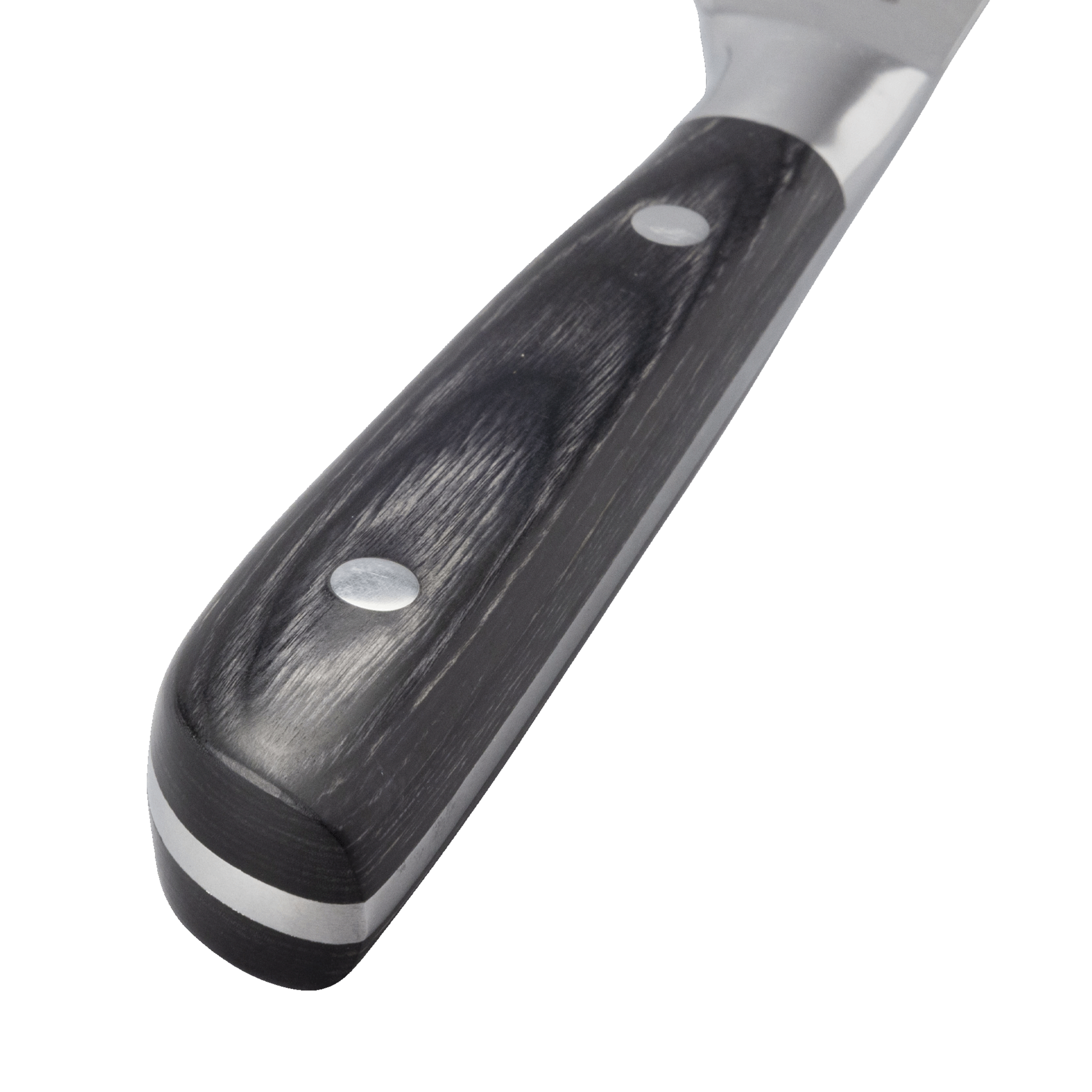 Close-up of a knife handle with a black wooden grip and silver accents on a white background