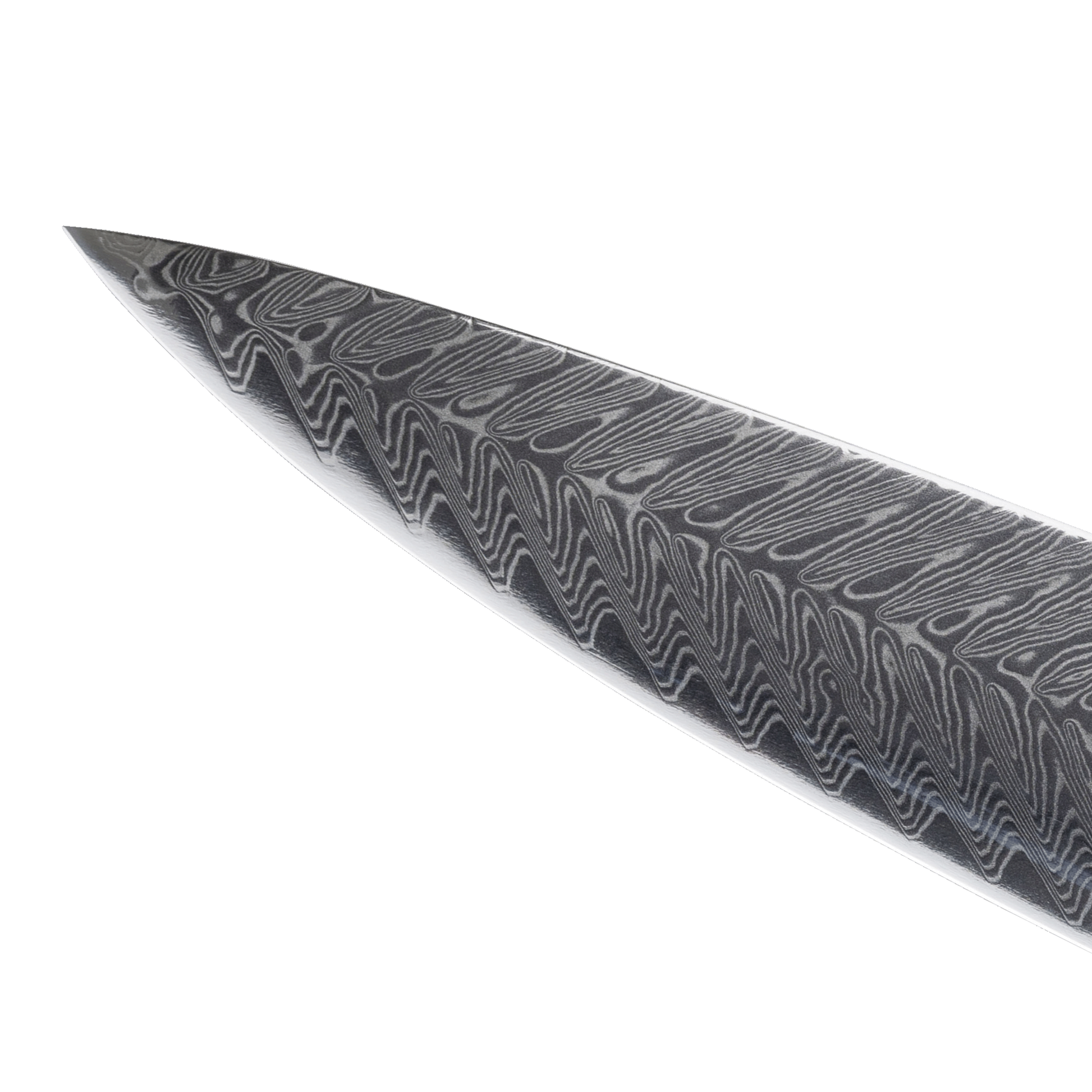 A close-up of a kitchen knife blade featuring a Damascus steel pattern with wavy gray and black lines on a silver base, set against a plain white background.