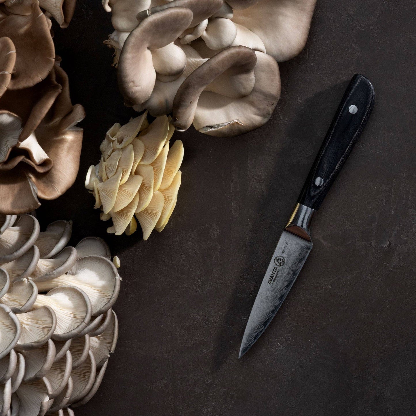 Pairing knife on black surface with mushrooms
