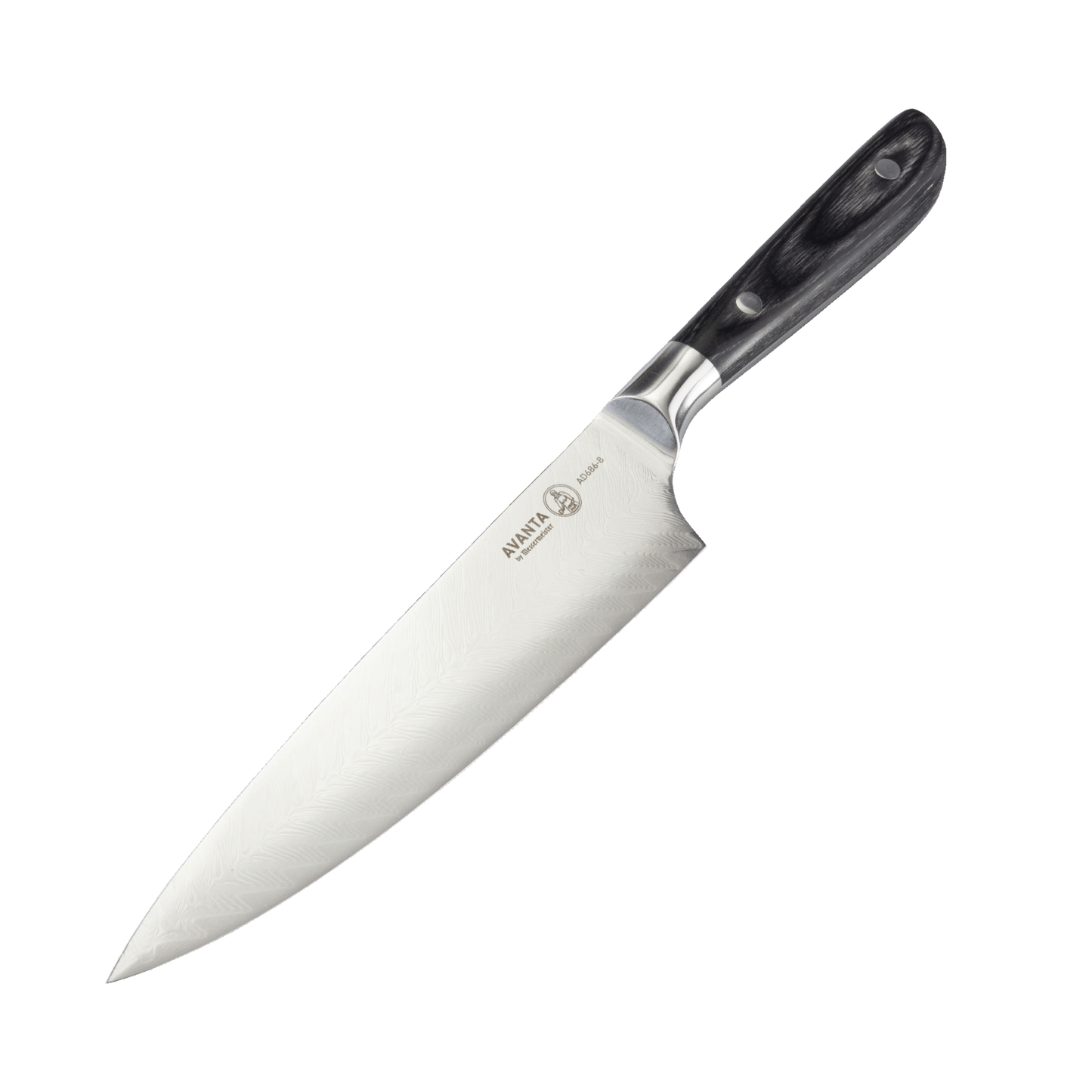 Chef's knife with black handle on a white background