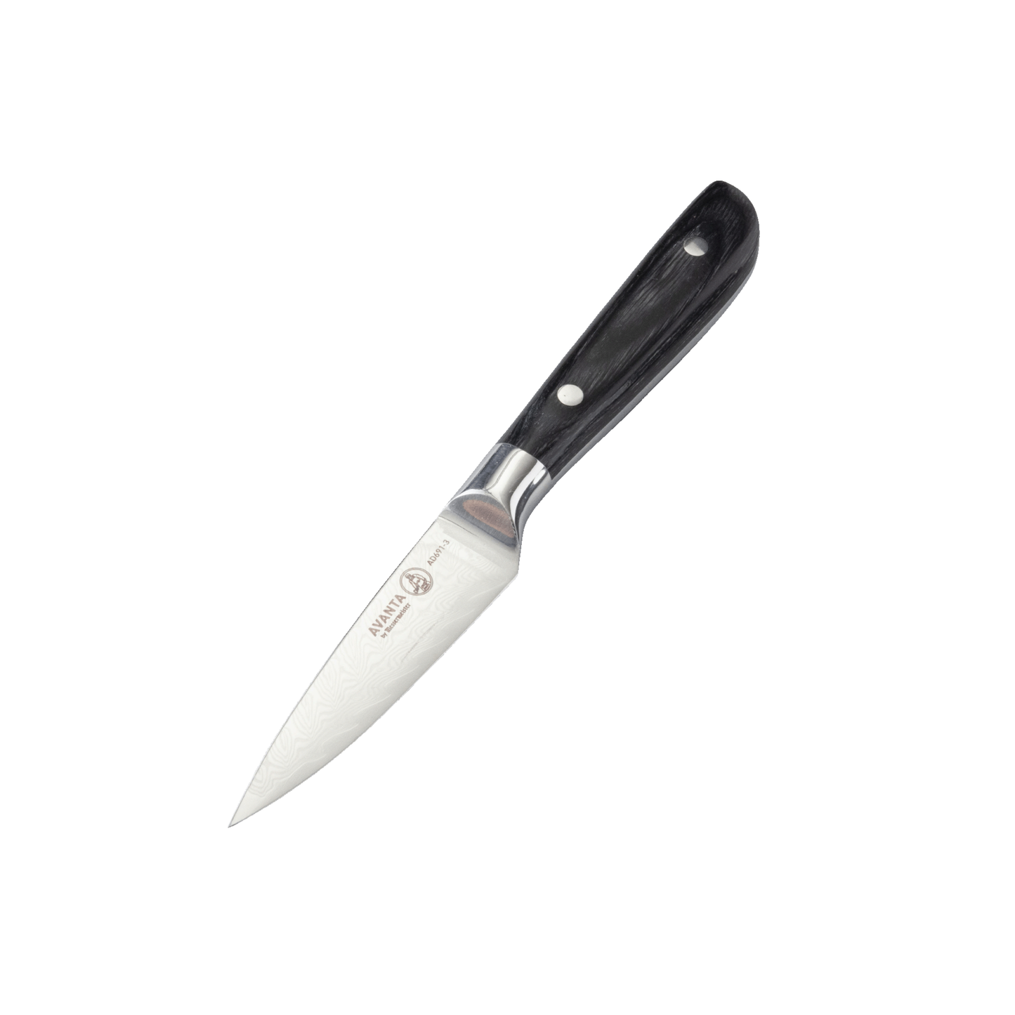 Knife with a black handle and silver blade on a white background