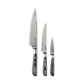Three kitchen knives of different sizes with dark wood handles and patterned steel blades, arranged vertically on a plain white background.