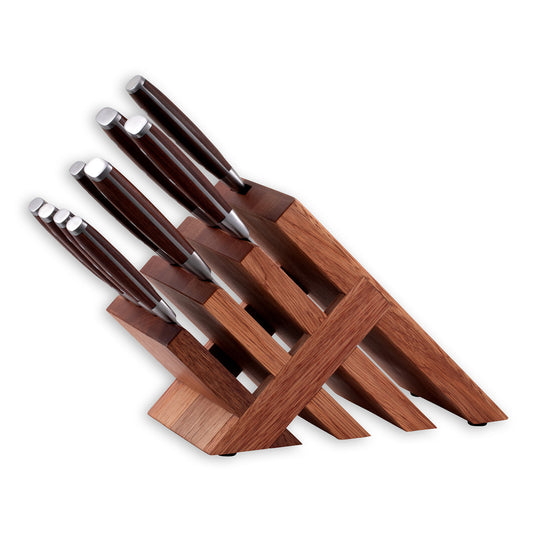 The Avanta 10 Piece Pakkawood Knife Block Set contains an array of high quality blades that are versatile enough to adequately handle most common kitchen tasks. From carving meats to chopping vegetables, slicing, dicing or mincing, we’ve got you covered. The stylish and innovative storage block even includes a set of four steak knives. 
