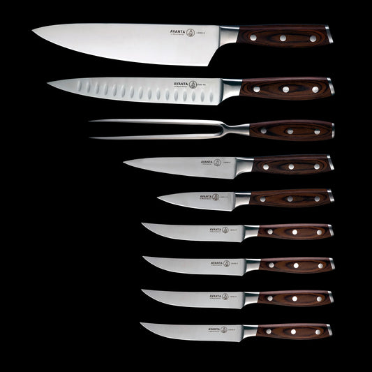 The Avanta 10 Piece Pakkawood Knife Block Set contains an array of high quality blades that are versatile enough to adequately handle most common kitchen tasks. From carving meats to chopping vegetables, slicing, dicing or mincing, we’ve got you covered. The stylish and innovative storage block even includes a set of four steak knives. 