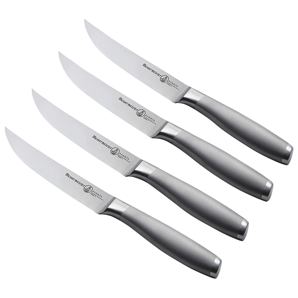 The Avanta 4 Piece Fine Edge Stainless Steak Knives are crafted from X50 German steel for knives that are sharp, rust resistant, and easy to maintain. The solid bolster and handle construction gives the knives great balance and heft. The 5” blades have fine cutting edges with curved tips to easily slice through steak. 