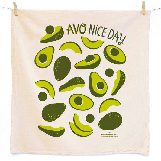 Let's face it, who doesn't love avocado on everything. Our Avo Nice Day tea towel is sure to freshen up your kitchen and brighten your everyday. Made from 100% flour sack cotton, our Avo Nice Day dish towel will only get softer and more absorbent over the years in your kitchen. This generously sized dish towel can handle small and big tasks in the kitchen as well as household chores.