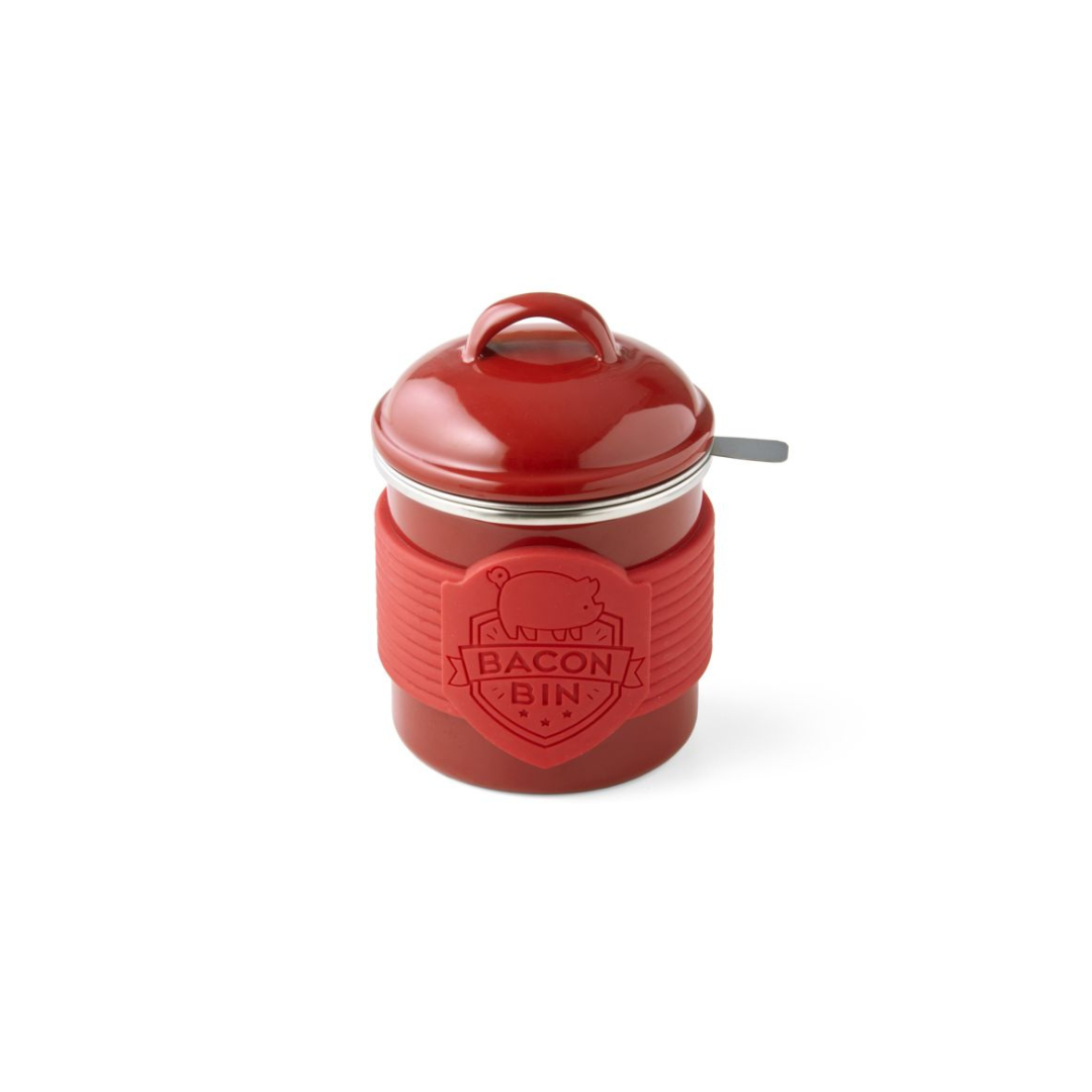 Red bacon bin with a lid on a white background