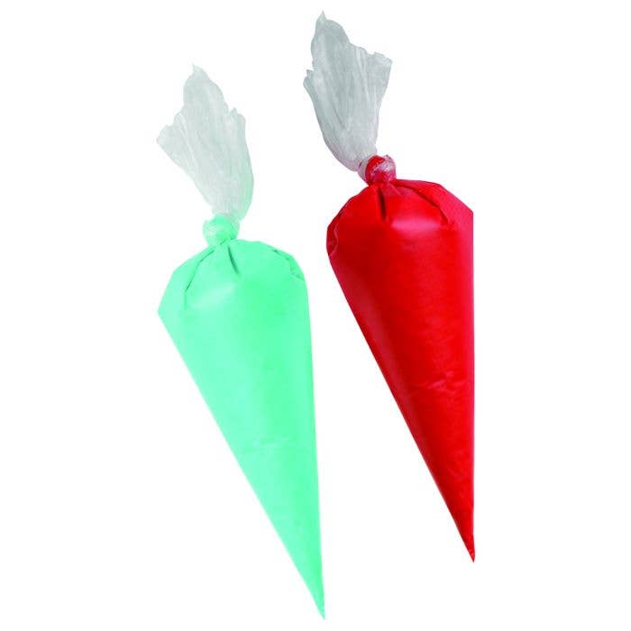Baking Disposable Pastry Bags, one green and one red, on a white background.