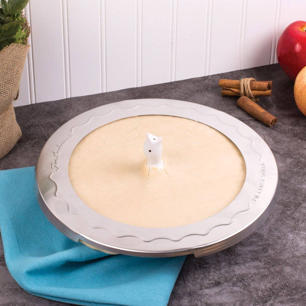 Pie with a pie bird and a metal crust guard on a gray surface with apples and cinnamon sticks in the background