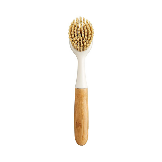 This bamboo dish scrub brush is versatile, durable, and gentle on non-stick surfaces. The longer handle adds extra scrubbing power for tough grime. Made with varnished bamboo, it's safe for non-stick cookware and resists mold. Economical and reusable, hang for easy storage.