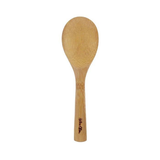 Wooden spoon with a visible brand logo on a white background