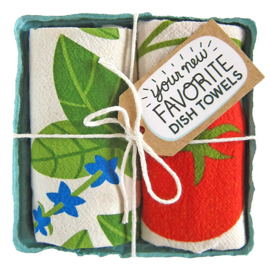 This dish towel gift sets are packaged up ready for gifting! Our Tomato Basil set contains 2 100% cotton, unbleached kitchen towels: - To-may-to, To-mah-to & Basil