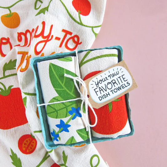 This dish towel gift sets are packaged up ready for gifting! Our Tomato Basil set contains 2 100% cotton, unbleached kitchen towels: - To-may-to, To-mah-to & Basil