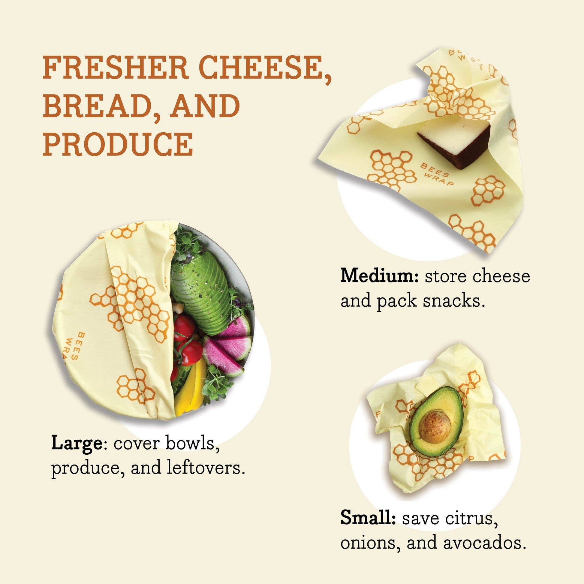 Beeswax wraps with illustrations of food items and usage instructions on a beige background.