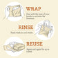 Instructions for using beeswax wraps with illustrations and text on a beige background.