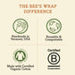 Chart detailing the features of The Bee's Wrap, including handmade in Vermont, USA, reusable & compostable, made with certified organic cotton, and certified B Corporation.