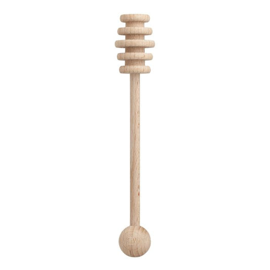A natural light wood honey dipper with a flared, grooved top and a rounded handle, shown vertically on a plain white background.