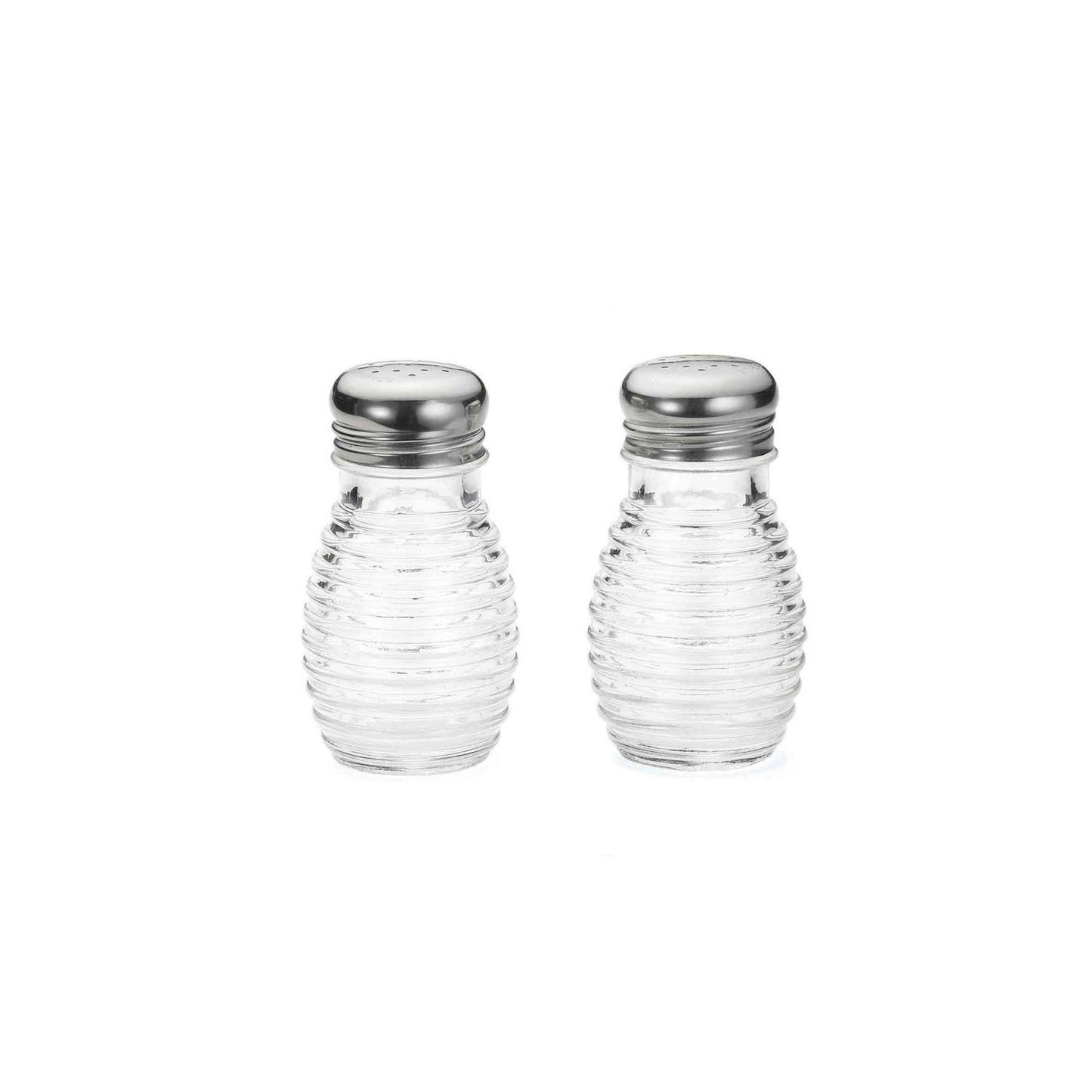 Two clear glass salt and pepper shakers with silver lids on a white background