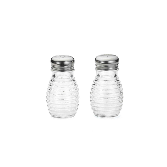 Two clear glass salt and pepper shakers with silver lids on a white background