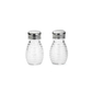 Two clear glass salt and pepper shakers with silver lids on a white background
